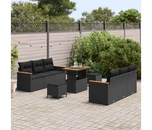 Sodo Sofų Rinkinys Su Pagalve 9 Pcs Juoda Poli Ratanas