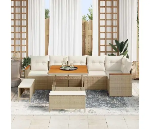 9 Daļīgs Dārza Dīvānu Komplekts Ar Spilveniem Bēšs Poliratanis Akācija Vidaxl