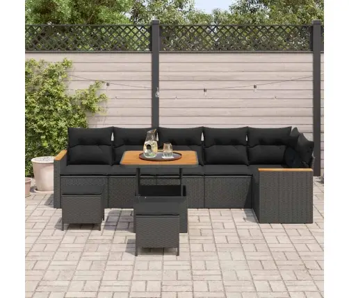 9 Gabalu Dārza Dīvānu Komplekts Ar Spilveniem Melns Poli Rotangpalma Akācija Vidaxl