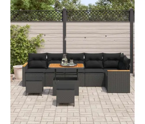 9 Daļu Dārza Dīvānu Komplekts Ar Spilveniem Melnā Polirattanā Un Akācijā Vidaxl