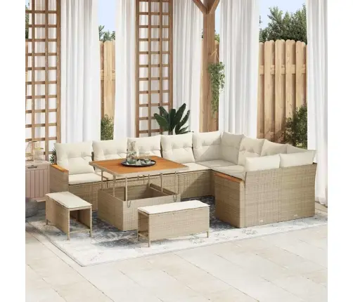 12 Gab. Dārza Dīvānu Komplekts Ar Spilveniem Bēšā Poli Rotangpalmas Akācija Vidaxl