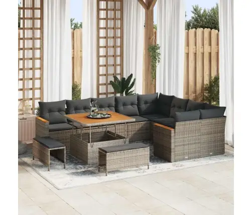 12 Daļu Dārza Dīvānu Komplekts Ar Spilveniem Pelēkā Poli Rotangpalmas Akāciju Vidaxl