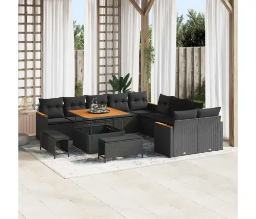 13 Gabalu Dārza Dīvānu Komplekts Ar Spilveniem Melnā Polietilēna Rotangpalmas Akācijā Vidaxl