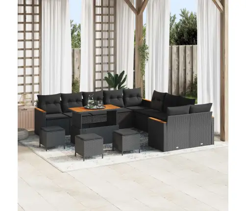 14 Daļīgs Dārza Dīvānu Komplekts Ar Spilveniem Melns Poli Rotangpalmas Akācija Vidaxl