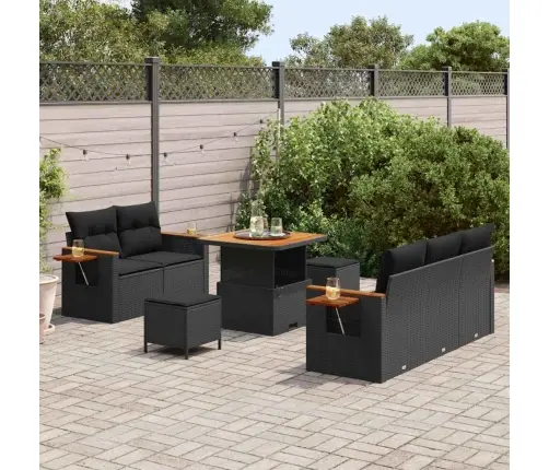 8 Gabalu Dārza Dīvānu Komplekts Ar Spilveniem Melnā Poli Rotangpalma Akācijas Vidaxl