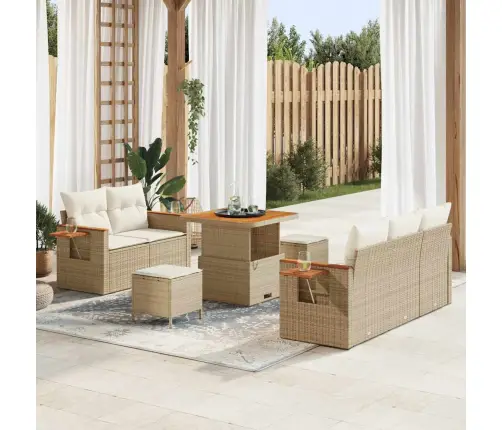 8 Gabalu Dārza Dīvānu Komplekts Ar Spilveniem, Bēšs Poli Rotangs, Akācija Vidaxl