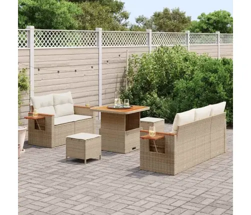 8 Gabalu Dārza Dīvānu Komplekts Ar Spilveniem, Bēšs Poli Rotangs, Akācija Vidaxl