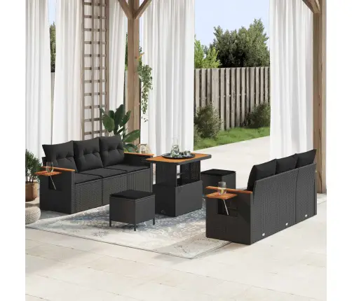 9 Daļu Dārza Dīvānu Komplekts Ar Spilveniem Melnā Poli Rotangpalmas Akācijā Vidaxl