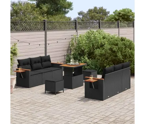 9 Daļu Dārza Dīvānu Komplekts Ar Spilveniem Melnā Poli Rotangpalmas Akācijā Vidaxl