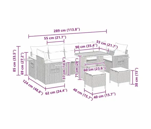 10 Daļu Dārza Dīvānu Komplekts Ar Spilveniem Pelēkā Poli Rotangpalma Akācija Vidaxl