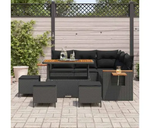 9 Daļu Dārza Dīvānu Komplekts Ar Spilveniem Melns Poli Rotangpalma Akācija Vidaxl