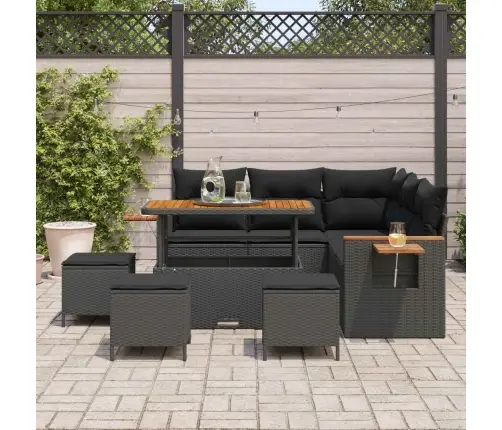 9 Daļu Dārza Dīvānu Komplekts Ar Spilveniem Melns Poli Rotangpalma Akācija Vidaxl