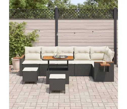 9 Gabalu Dārza Dīvānu Komplekts Ar Spilveniem, Melns, Poli Rotangpalma, Akācija Vidaxl