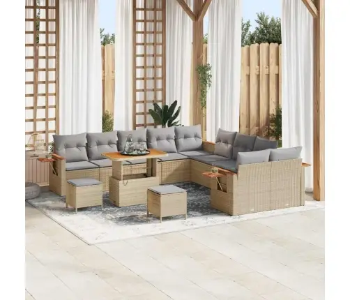 13 Daļīgais Dārza Dīvānu Komplekts Ar Spilveniem Bēša Poli Rotangpalma Akācija Vidaxl