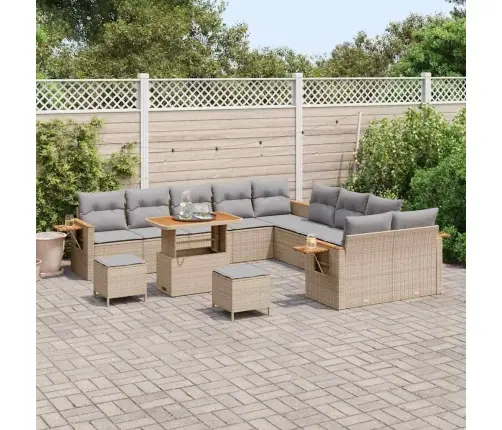 13 Daļīgais Dārza Dīvānu Komplekts Ar Spilveniem Bēša Poli Rotangpalma Akācija Vidaxl