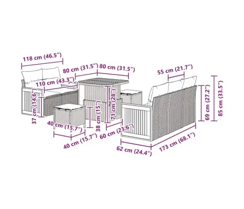 Sodo Sofų Rinkinys Su Pagalve 8 Pcs Juoda 80 X 80 X 71 Cm