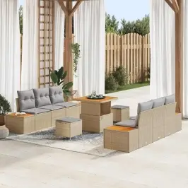 Dārza Dīvānu Komplekts Ar Spilvenu 9 Pcs Bēša Un Gaiši Pelēka Vidaxl