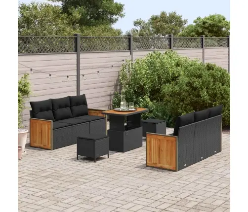 9 Gabalu Dārza Dīvānu Komplekts Ar Spilveniem Melns Poli Rotangpalma Akācija Vidaxl