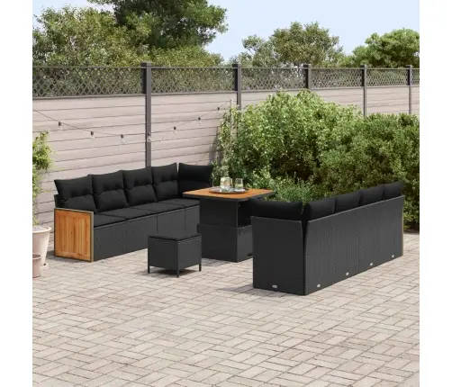 11 Gabalu Dārza Dīvānu Komplekts Ar Spilveniem Melns Poli Rotangpalma Akācija Vidaxl