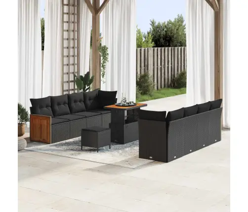 11 Daļu Dārza Dīvānu Komplekts Ar Spilveniem Melnā Krāsā, Polietilēna Rotangpalma, Akācija Vidaxl