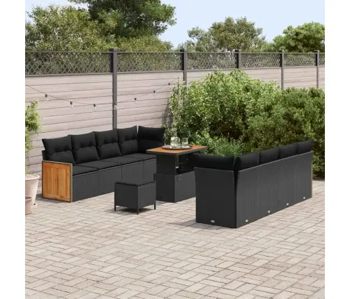 11 Daļu Dārza Dīvānu Komplekts Ar Spilveniem Melnā Krāsā, Polietilēna Rotangpalma, Akācija Vidaxl