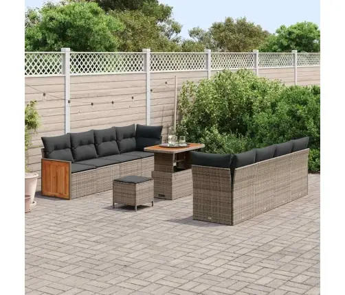 11 Daļu Dārza Dīvānu Komplekts Ar Spilveniem Pelēkā Poli Rotangpalmas Akācijā Vidaxl