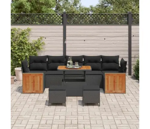 10 Gabali Dārza Dīvānu Komplekts Ar Spilveniem Melnā Poli Rotangpalma Akācijas Vidaxl