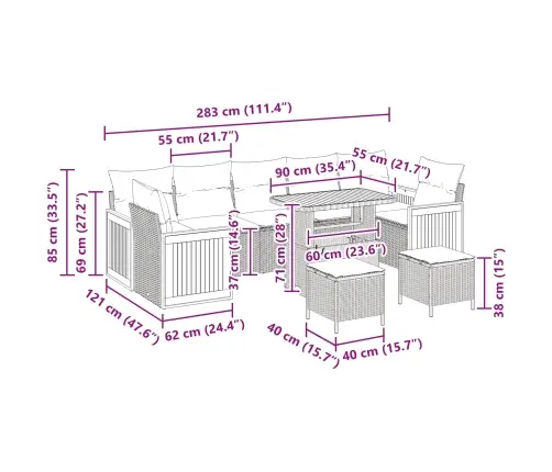 10 Gabali Dārza Dīvānu Komplekts Ar Spilveniem Melnā Poli Rotangpalma Akācijas Vidaxl