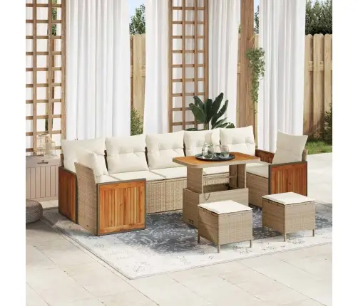 10 Daļu Dārza Dīvānu Komplekts Ar Spilveniem Bēšā Poli Ratana Akācijas Vidaxl