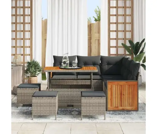 9 Daļu Dārza Dīvānu Komplekts Ar Spilveniem Pelēkā Polietilēna Rotangpalmas Akācijas Vidaxl