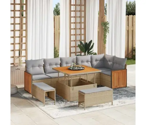 9 Daļu Dārza Dīvānu Komplekts Ar Spilveniem Bēšs Poli Rattan Akācija Vidaxl