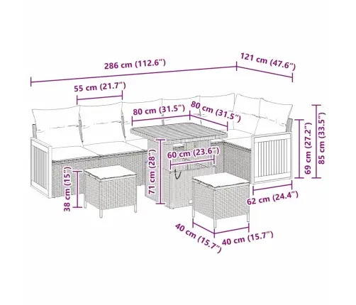 Dārza Dīvānu Komplekts Ar Spilvenu 9 Pcs Pelēka Vidaxl