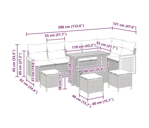 10 Gabalu Dārza Dīvānu Komplekts Ar Spilveniem Melnā Polietilēna Rotangpalmas Akācijas Vidaxl