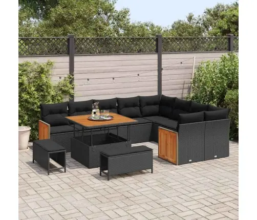 12 Daļu Dārza Dīvānu Komplekts Ar Spilveniem Melnā Poliratanā Un Akācijas Koks Vidaxl