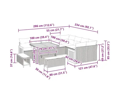 12 Gabalu Dārza Dīvānu Komplekts Ar Spilveniem Bēšs Poli Rotangpalma Akācija Vidaxl