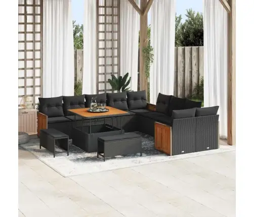 13 Gabalu Dārza Dīvānu Komplekts Ar Spilveniem Melnā Krāsā Polietilēna Rotangpalma Un Akācija Vidaxl