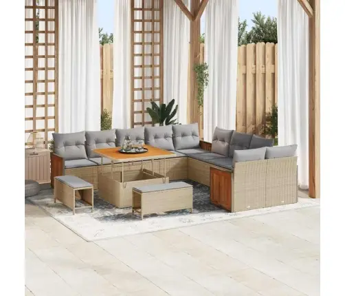 13 Daļu Dārza Dīvānu Komplekts Ar Spilveniem Bēšā Poli Rotangpalmas Akācijā Vidaxl