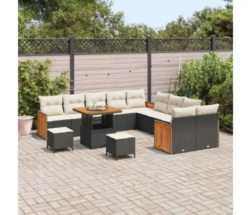 13 Daļņu Dārza Dīvānu Komplekts Ar Spilveniem Melnā Poli Rotangpalmas Akāciju Vidaxl