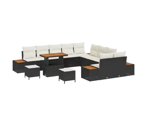 13 Gabalu Dārza Sofa Komplekts Ar Spilveniem, Melna Poli Ratanas, Akācija Vidaxl