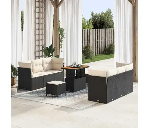 9 Daļu Dārza Dīvānu Komplekts Ar Spilveniem Melns Poli Rotangpalma Akācija Vidaxl