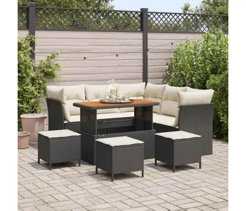 9 Daļīga Dārza Dīvānu Komplekts Ar Spilveniem Melnā Krāsā, Pe Rotangpalma Un Akācija Vidaxl