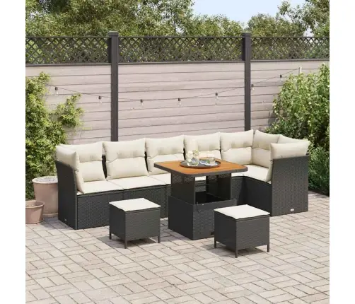 9 Daļu Dārza Dīvānu Komplekts Ar Spilveniem Melns Poli Ratan Akācija Vidaxl