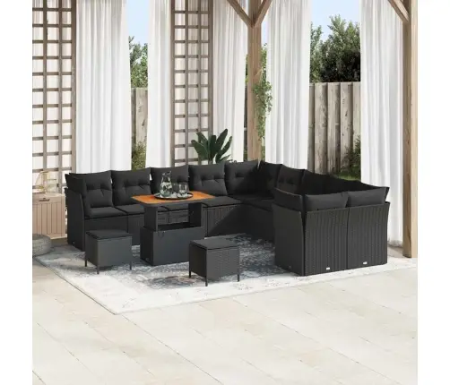 13 Daļu Dārza Dīvānu Komplekts Ar Spilveniem Melns Poli Rotangpalma Akācija Vidaxl