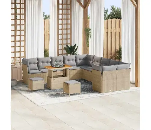 13 Daļu Dārza Dīvāna Komplekts Ar Spilveniem Bēšs Poli Rotangpalma Akācija Vidaxl