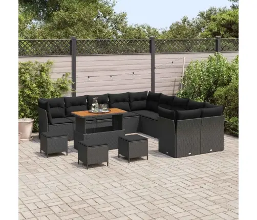 14 Gabalu Dārza Dīvānu Komplekts Ar Spilveniem Melnā Polietilēna Rotangpalmas Un Akācijas Vidaxl