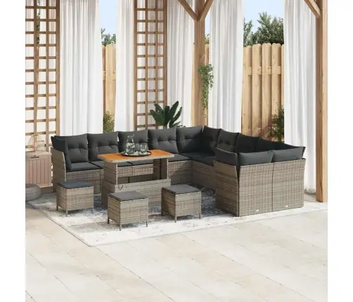 14 Daļīgs Dārza Dīvānu Komplekts Ar Spilveniem Pelēkā Polietilēna Rotangpalmas Koka Vidaxl