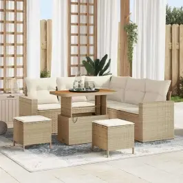 Sodo Sofų Rinkinys Su Pagalve 8 Pcs Smėlio Ir Kreminės Spalvos