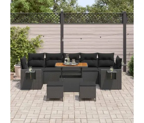 10 Daļu Dārza Dīvānu Komplekts Ar Spilveniem Melnā Krāsā Polietilēna Rotangpalmas Akācijas Vidaxl