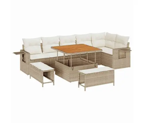 9 Daļu Dārza Dīvānu Komplekts Ar Bēšiem Polietilēna Rotangpalmas Un Akāciju Vidaxl