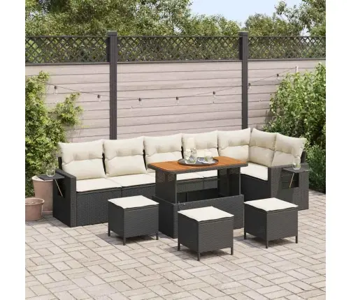 10 Daļu Dārza Dīvānu Komplekts Ar Spilveniem, Melnā Polirotanga Un Akācijas. Vidaxl